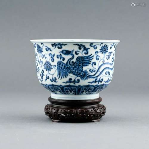 XUANDE BLUE & WHITE  PHOENIX BOWL ON STAND