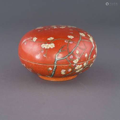 JIAQING CHERRY BLOSSOM OVER RED GLAZED LIDDED BOX