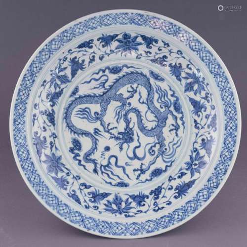 YUAN BLUE AND WHITE DRAGON PORCELAIN PLATE