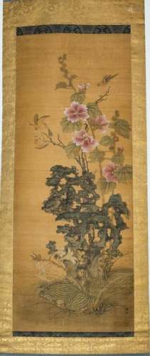 A CHINESE FLOWER-AND-PLANT SILK SCROLL, WANG WEILIE