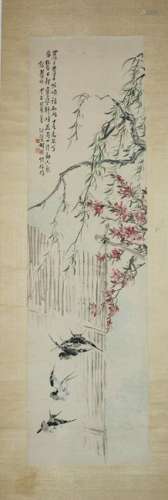 A CHINESE BIRD-AND-FLOWER  PAINTING, HUZHEN MARK