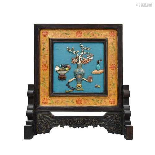 CLOISONNE & STONES INLAID LACQUERED TABLE SCREEN