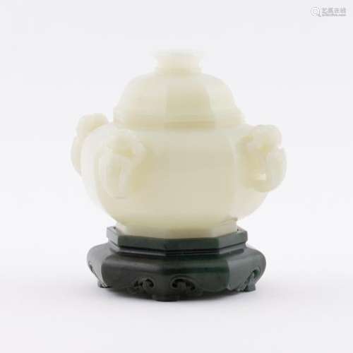 WHITE JADE LIDDED CENSER ON STAND