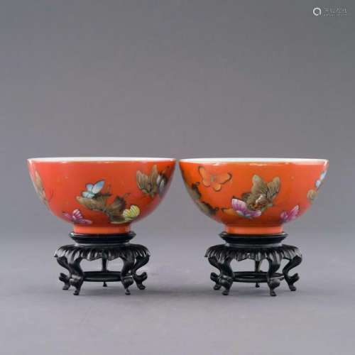 PAIR YONGZHENG BUTTERFLIES RUBY RED BOWLS ON STANDS