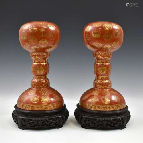 PAIR QIANLONG GILT MEDALLIONS RED HAT STANDS