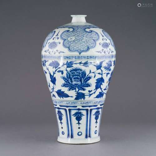 YUAN BLUE & WHITE WRAPPED FLORAL MEIPING VASE