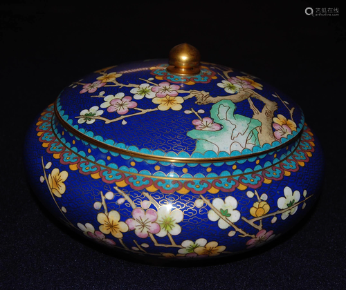 A Guild Copper Fetal Cloisonne Box in Bird & Flower