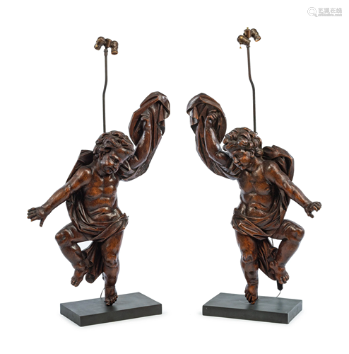 A Pair of Italian Carved Walnut Altar Figures Mounted