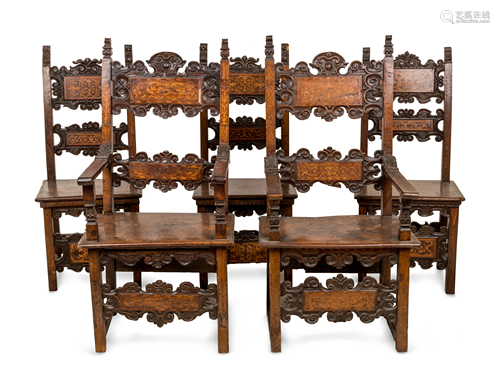 A Set of Five Italian Various Woods Inlaid Chairs