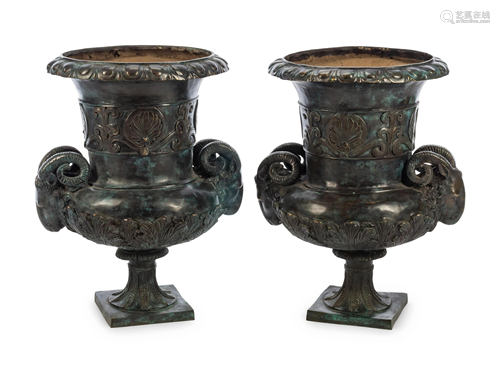 A Pair of Neoclassical Style Patinated Metal Urns