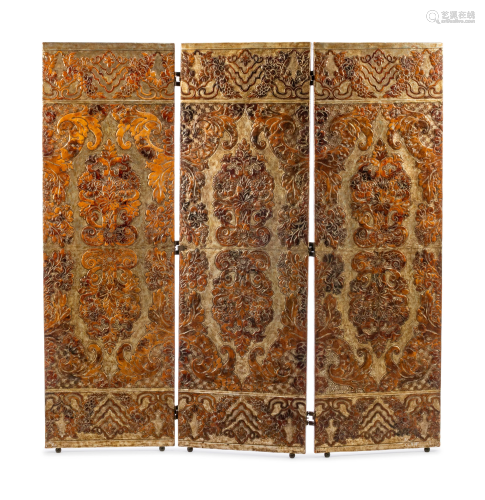 A Spanish Embossed Leather Three-Panel Floor Screen