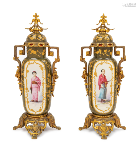 A Pair of French Japonesque Gilt Metal Mounted