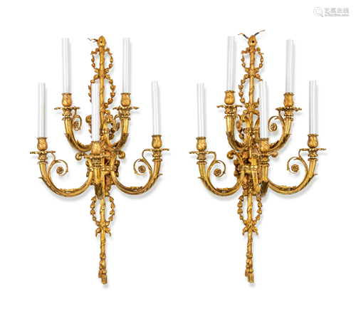 A Pair of Louis XV Style Gilt Bronze Five-Light Sconces