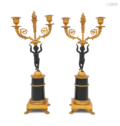 A Pair of Empire Gilt and Patinated Bronze Figural