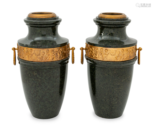 A Pair of French Gilt Bronze Mounted Marble Urns