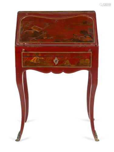A Louis XV Red Chinoiserie Lacquered Slant-Fr…
