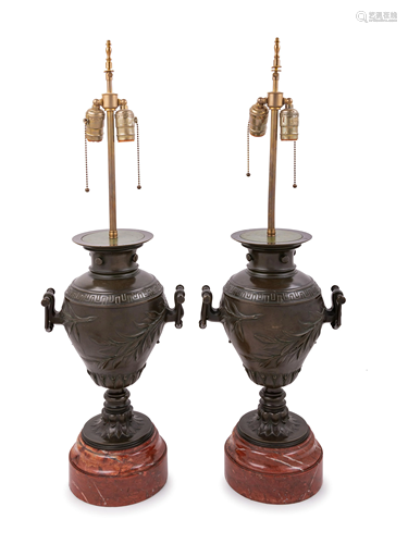 A Pair of Neoclassical Bronze and Marble Urns Moun…