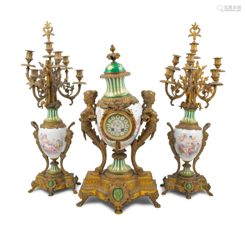 A Sevres Style Gilt Bronze Mounted Porcelain Clock