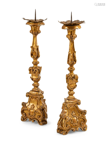 A Pair of Italian Giltwood Prickets