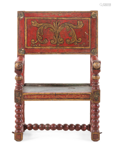 A Spanish Turned and Polychrome Painted Armchair …