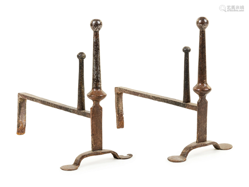 A Pair of Wrought Iron Andirons Height 15 x depth 17