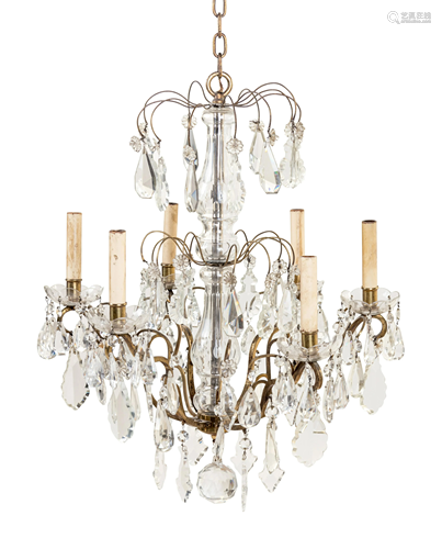 A Brass and Cut Glass Six-Light Chandelier Height 25