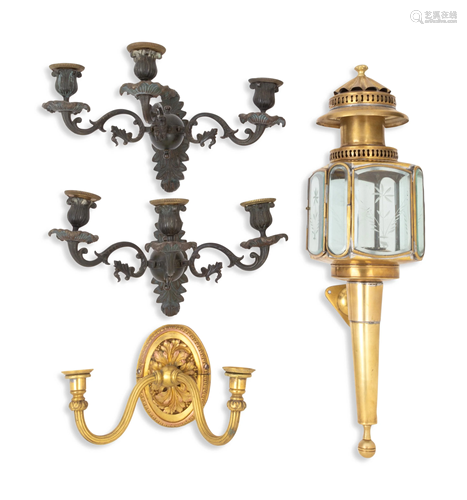 A Pair of Cast Metal Three-Light Sconces