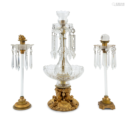 Three Cut Glass and Gilt Metal Girandoles Height of