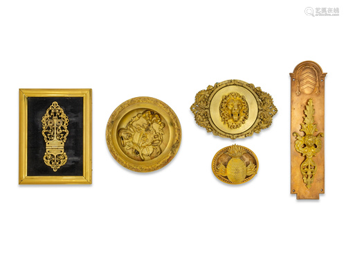 Five Gilt Bronze and Gilt Metal Plaques Height of