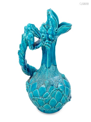 A Continental Turquoise Glazed Figural Ewer