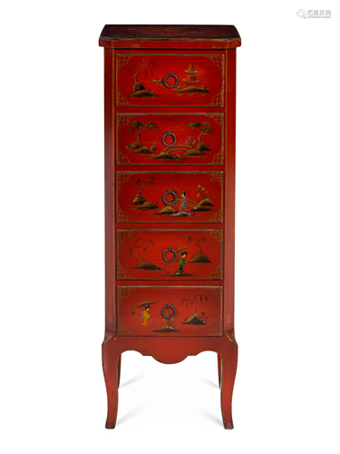 A Chinoiserie Decorated Lacquered Tall Chest