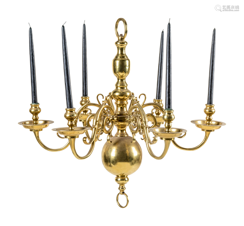 A Dutch Baroque Style Brass Six-Light Chandelier