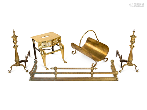 An Assembled Brass Fireplace Set