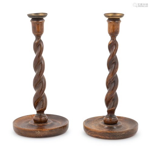 A Pair of Walnut Turned Candlesticks Height 12 3/4