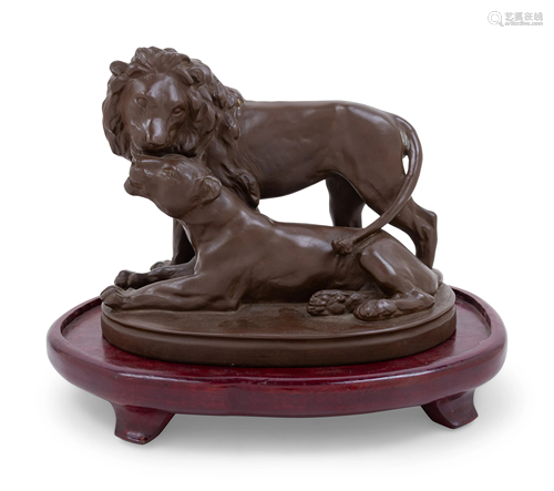 A Continental Brown Stoneware Lion Group Width …