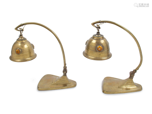 A Pair of Brass Desk Lamps Height 12 inches.