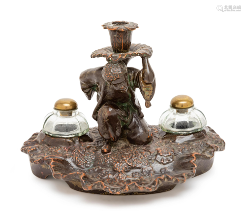 A Glazed Terra Cotta Figural Inkwell Height 8 1/2