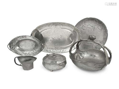 A Group of Six Kayserzinn Jugendstil Pewter …