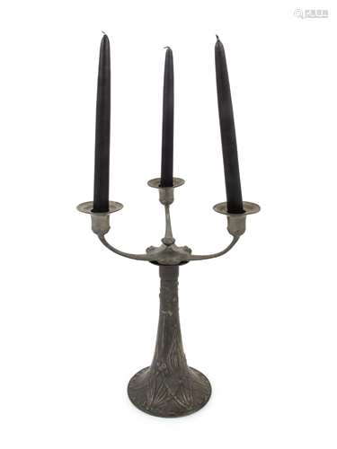 A Kayserzinn Jugenstil Pewter Three-Light Candelabrum