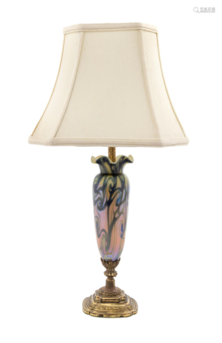 An American Iridescent Glass Lamp, Attributed to