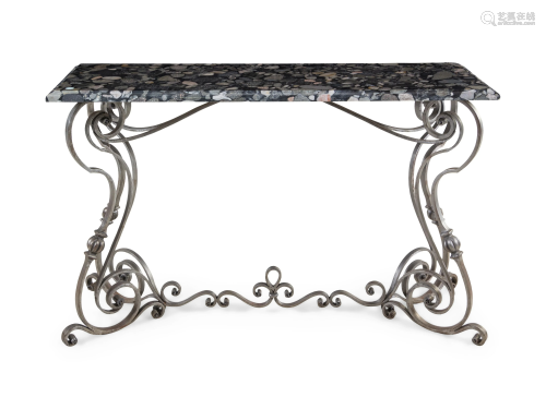 A Steel and Marble-Top Console Table Height 35 1/2 x