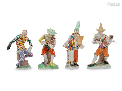 Four Continental Porcelain Harlequin Figures