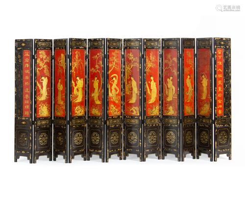 A Chinese Lacquered and Parcel Gilt Twelve-Panel T…