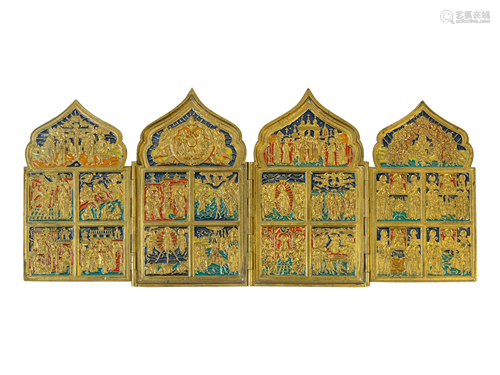 An Eastern European Enameled Brass Four-Panel Icon