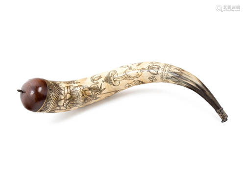 An American Carved Powder Horn Length 18 1/2 i…