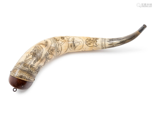 An American Carved Powder Horn Length 18 1/2 i…