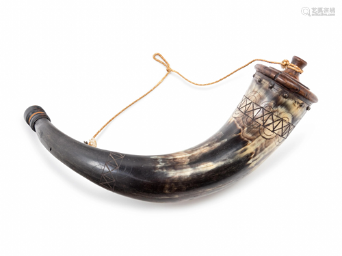 An American Geometric Carved Powder Horn Length 12