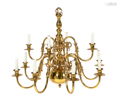 A Dutch Baroque Style Brass Twelve-Light Chandelier