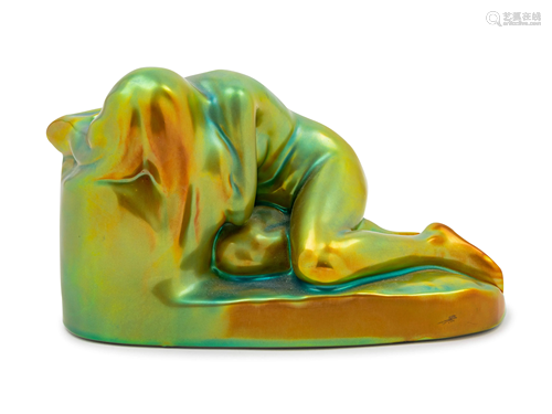 A Zsolnay Iridescent Figural Group Width 10 inches.