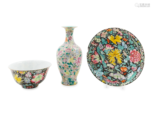 Three Chinese Famille Rose Porcelain 'Millefleur'